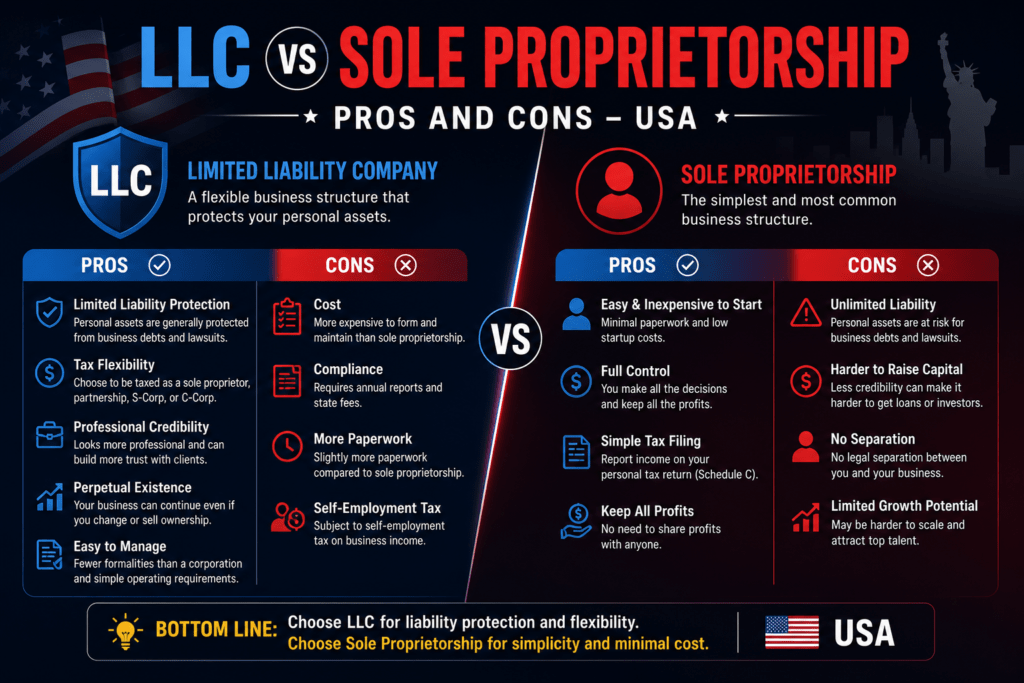 LLC vs Sole Proprietorship Pros and Cons USA