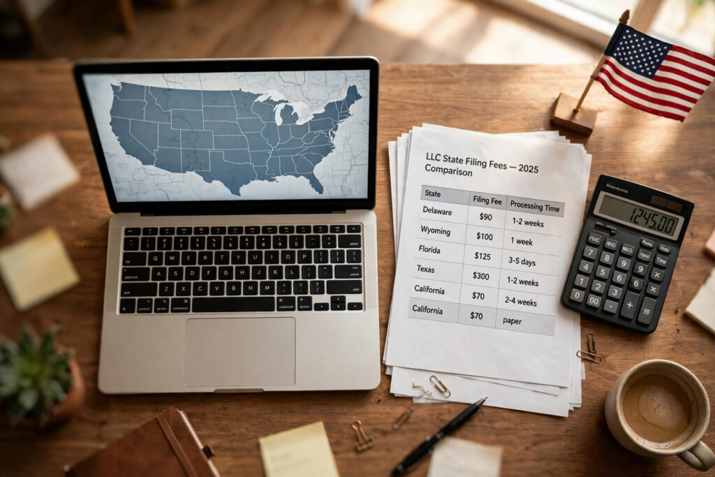 Entrepreneur comparing the best state to form an LLC — Wyoming, Delaware or home state — with fees and forms on a desk