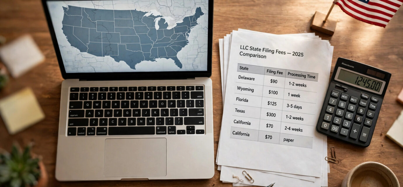 Entrepreneur comparing the best state to form an LLC — Wyoming, Delaware or home state — with fees and forms on a desk