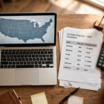 Entrepreneur comparing the best state to form an LLC — Wyoming, Delaware or home state — with fees and forms on a desk