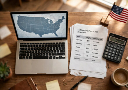 Entrepreneur comparing the best state to form an LLC — Wyoming, Delaware or home state — with fees and forms on a desk