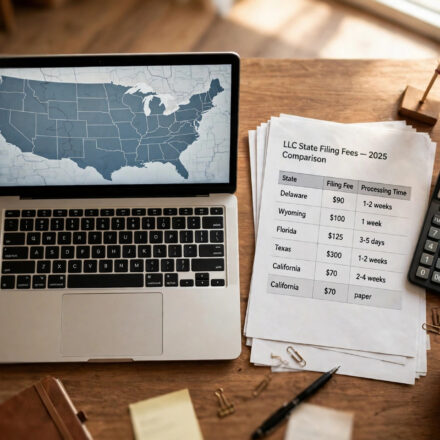 Entrepreneur comparing the best state to form an LLC — Wyoming, Delaware or home state — with fees and forms on a desk