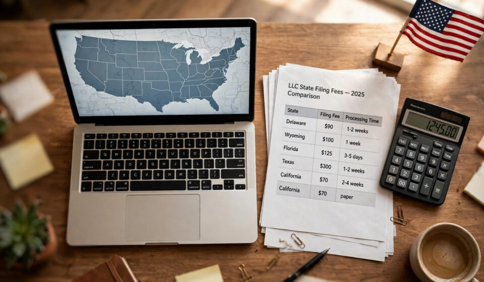 Best State to Form an LLC in 2026: Wyoming vs Delaware vs Your Home State Entrepreneur comparing the best state to form an LLC — Wyoming, Delaware or home state — with fees and forms on a desk
