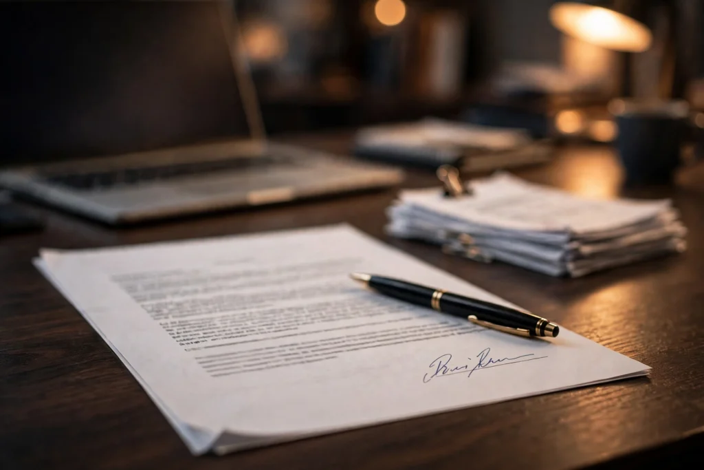 Signed LLC operating agreement document on a desk next to a laptop