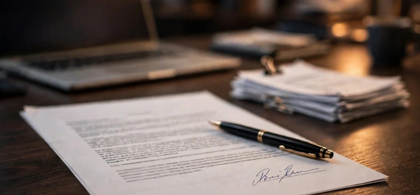 Signed LLC operating agreement document on a desk next to a laptop