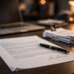 Signed LLC operating agreement document on a desk next to a laptop
