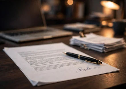 Signed LLC operating agreement document on a desk next to a laptop