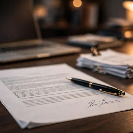 Signed LLC operating agreement document on a desk next to a laptop