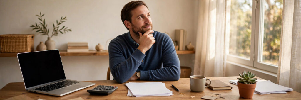 US small business owner researching LLC taxes USA on a laptop with a calculator and tax forms