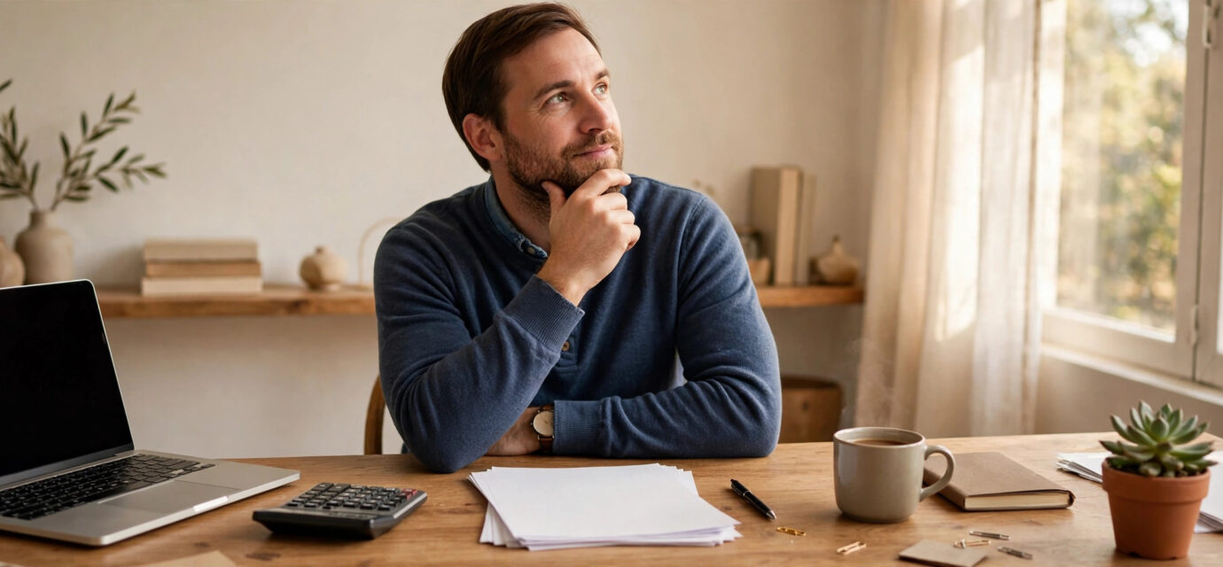 US small business owner researching LLC taxes USA on a laptop with a calculator and tax forms