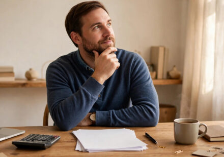 US small business owner researching LLC taxes USA on a laptop with a calculator and tax forms