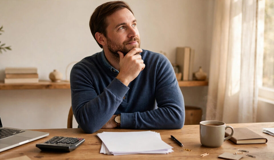 US small business owner researching LLC taxes USA on a laptop with a calculator and tax forms