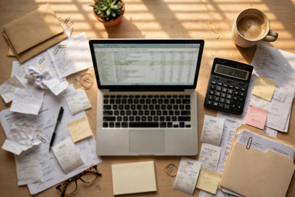 Small business owner comparing LLC vs S corp tax paperwork with a calculator and tax forms on a desk