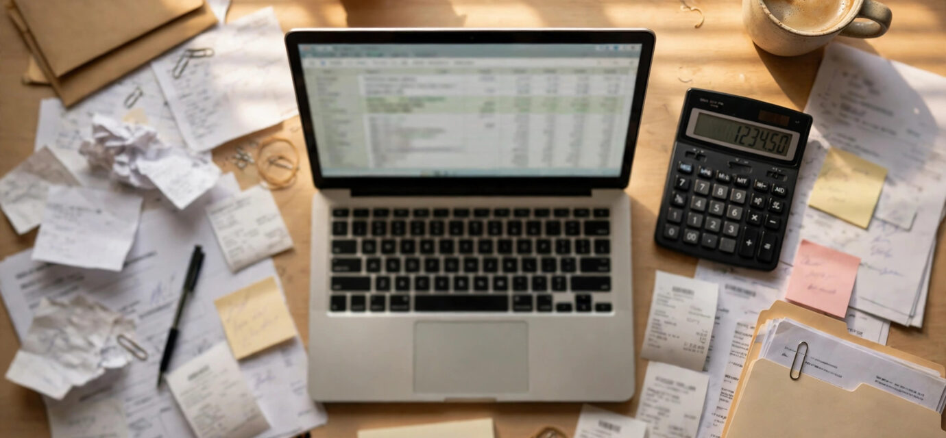 Small business owner comparing LLC vs S corp tax paperwork with a calculator and tax forms on a desk