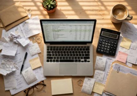 Small business owner comparing LLC vs S corp tax paperwork with a calculator and tax forms on a desk
